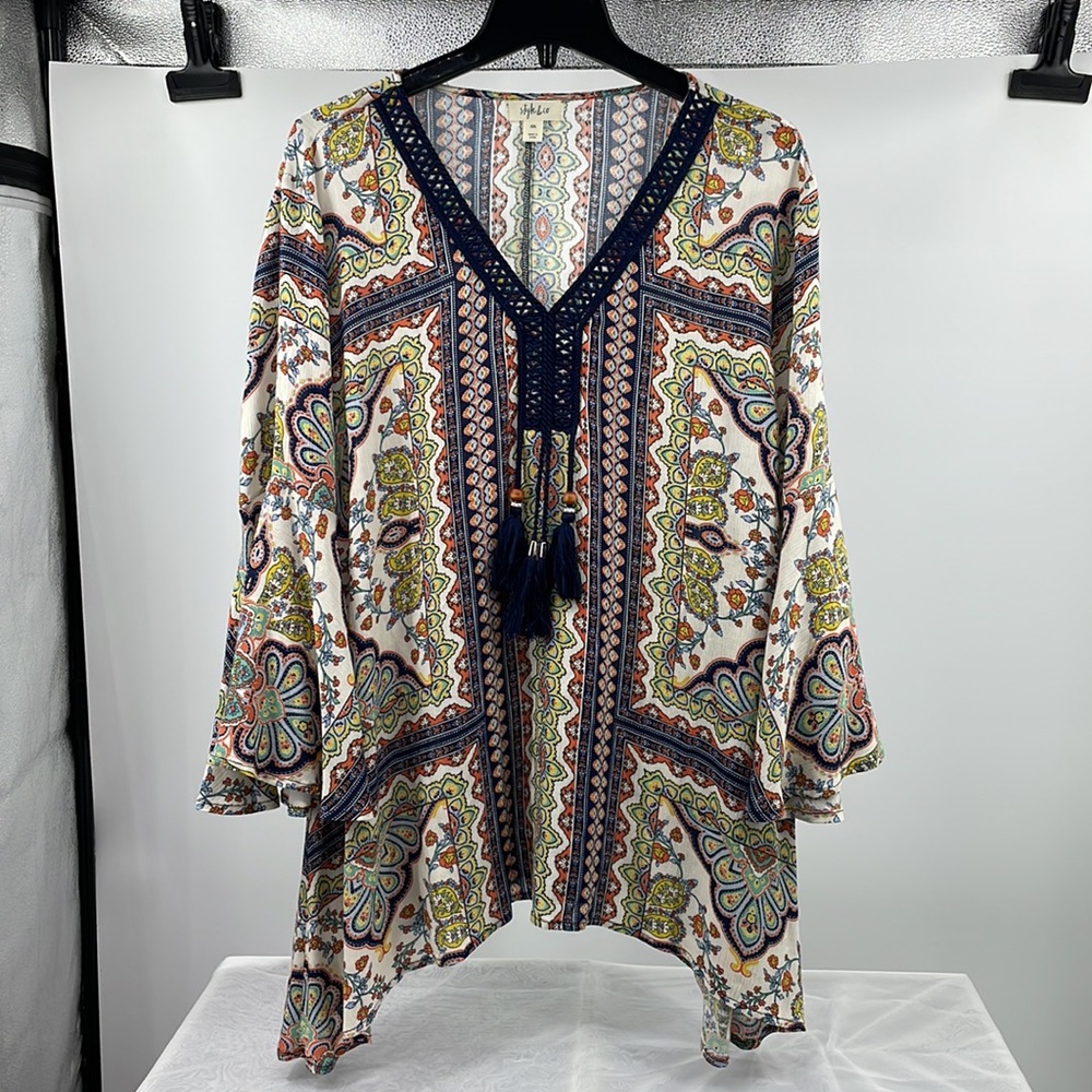 Style Co Global Escape havana tiles boho bell sleeve tassel blouse Size XXL NWT